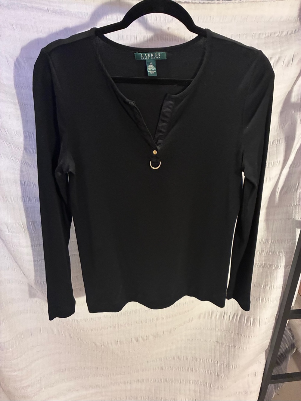 Lauren Ralph Lauren Black Long-Sleeve V-Neck Top with Gold Ring